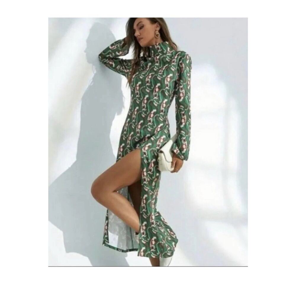 ZARA Green Floral Printed Turtleneck Midi Dress Bloggers Favorite Sz XS New Tags